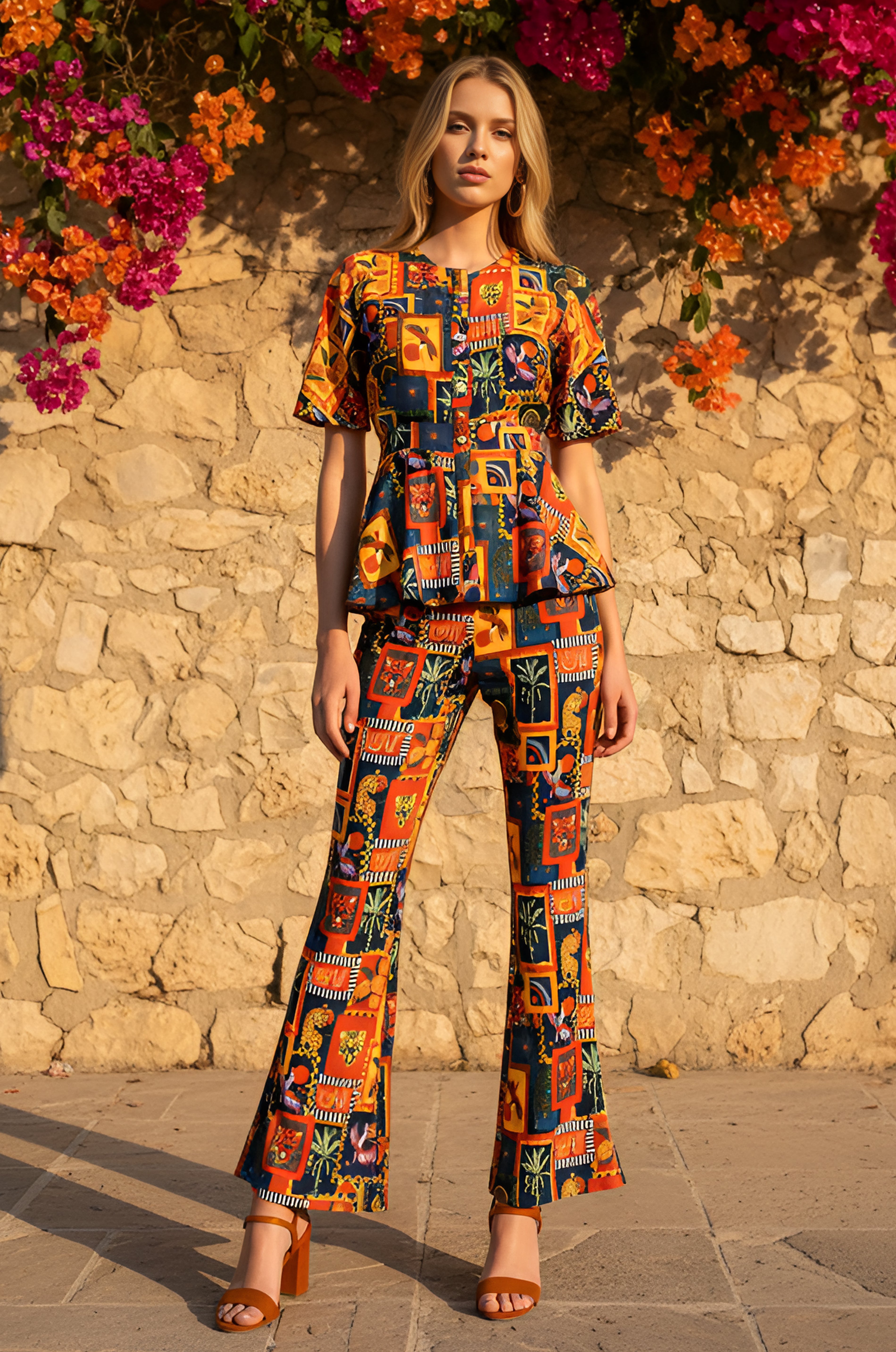 A woman stands outdoors by a stone wall with flowers, wearing the Carnival Patchwork Matching Set: Kate in colorful Carnival Patchwork, paired with brown heeled sandals.